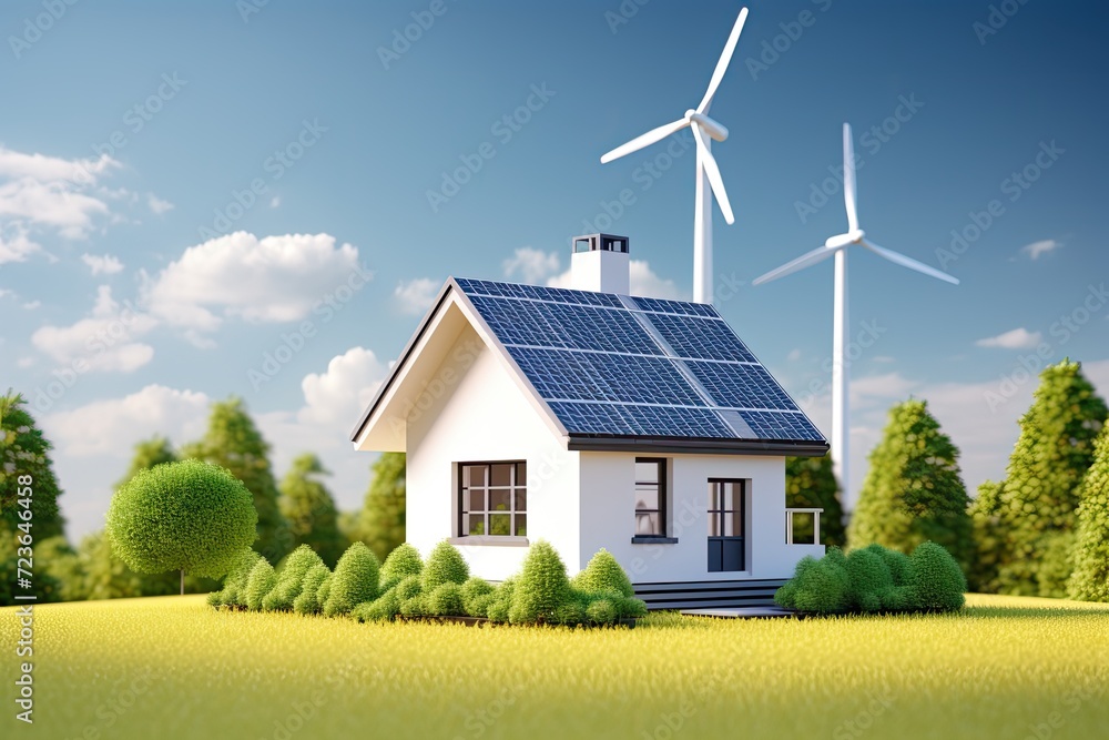 A modern house powered by solar energy in a field of grass A modern house powered by solar energy in a field of grass