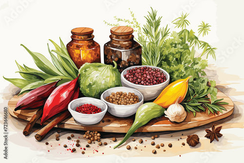 Kitchen herbs and spices set. Olive oil, rosemary, garlic, chili pepper, bay leaf, peppercorns, mortar and mill.