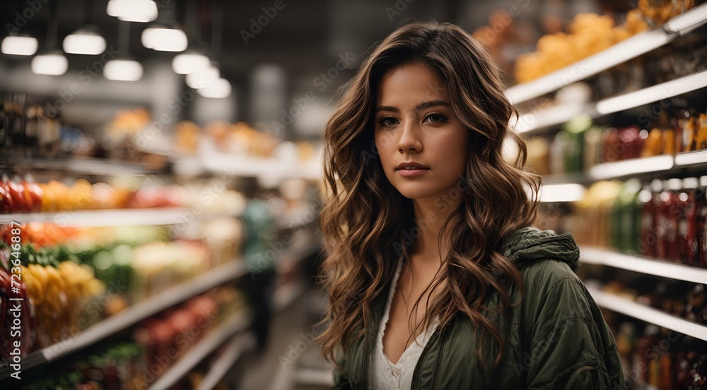 A young woman comparing products in a grocery store. Generative AI