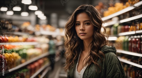 A young woman comparing products in a grocery store. Generative AI