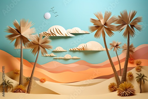 A tropical scene with palm trees and a blue sky
