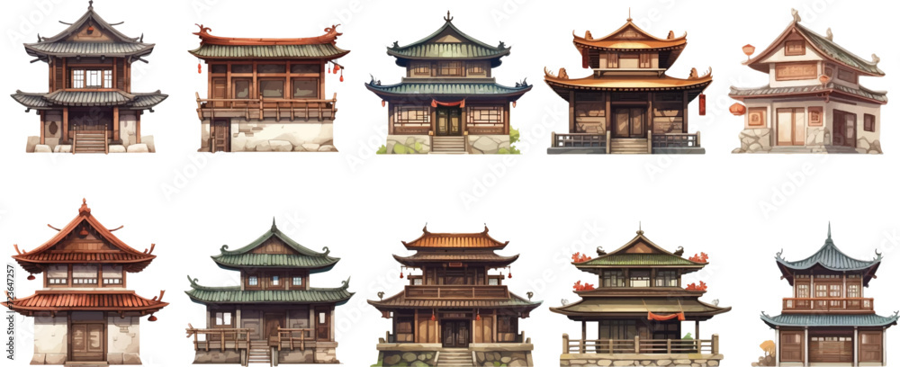 Obraz premium Set of ancient Chinese style houses on a white background.