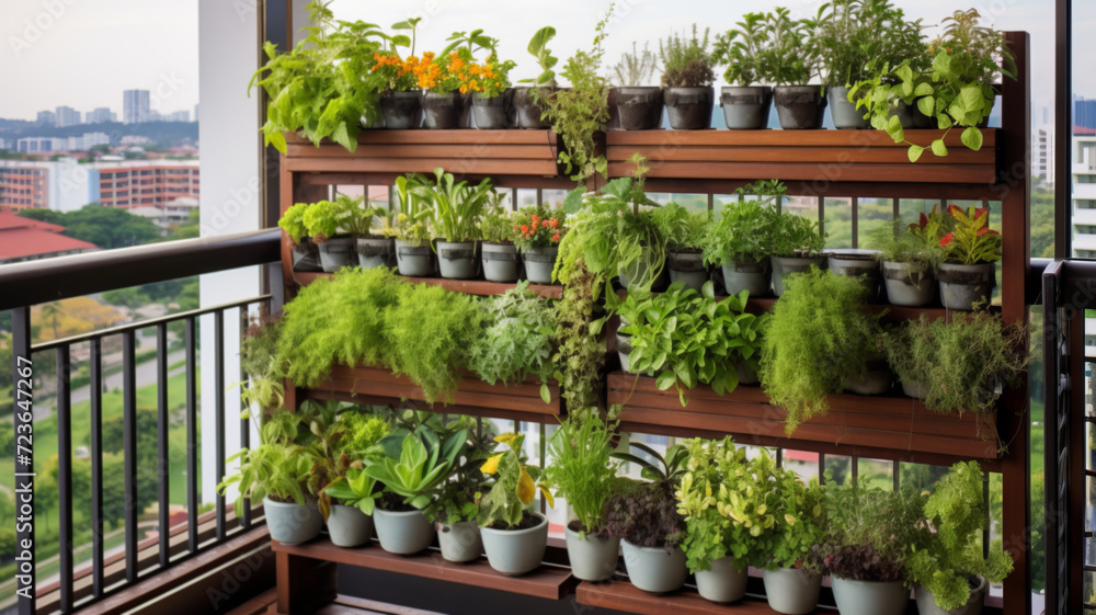 Vertical garden on a high-rise apartment balcony Vertical garden on a high-rise apartment balcony