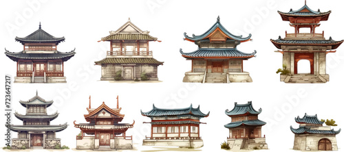 Set of ancient Chinese style houses on a white background.