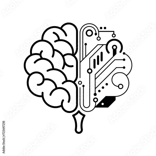 Artificial intelligence, cyber brain, ai concept, science icon, vector illustration, black isolated on white background. Brain concept in line style, creative design. Stylized brain. Electronic mind.