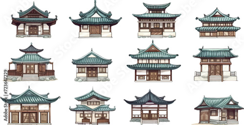 Set of ancient Chinese style houses on a white background.