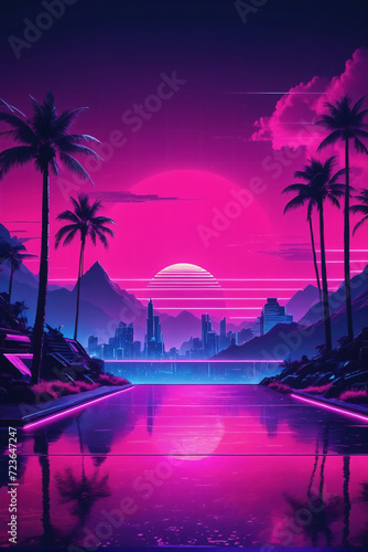 Illustration of synthwave retro cyberpunk style landscape background banner or wallpaper. Bright neon pink and purple colors