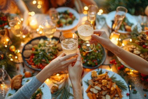 Friends toasting champagne glasses over holiday dinner table