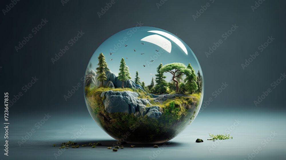 A scenic landscape inside a glass ball