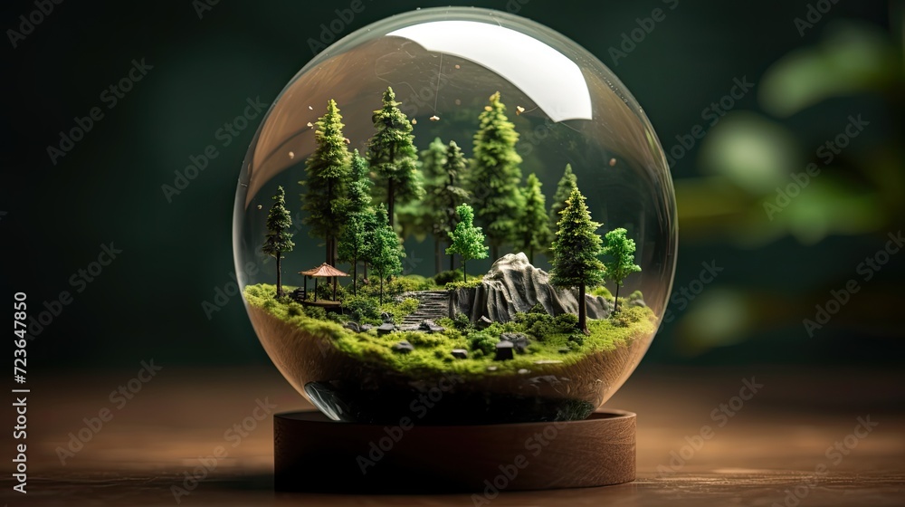 A tiny model of a forest inside a snow globe
