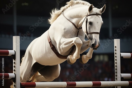 Horse leaping barrier in show jumping competition. Generative AI
