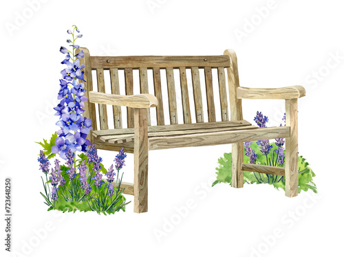 Garden wooden vintage bench, garden flowers, landscape design and decor photo