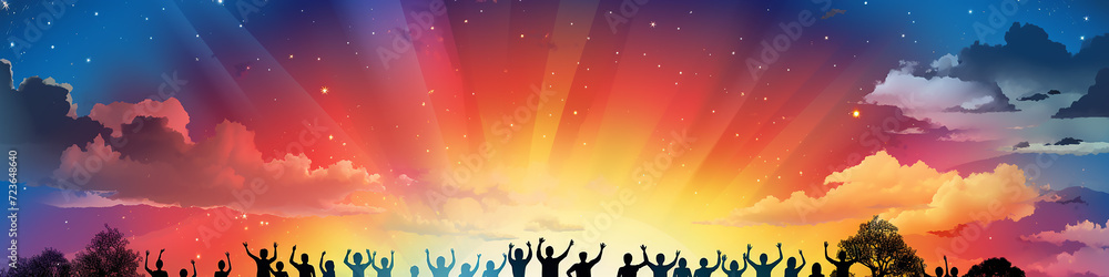 row of silhouettes of people standing under rainbow. illustration multicolor spectrum background copy space peace and freedom row of silhouettes of people standing under rainbow. illustration multicolor spectrum background copy space peace and freedom