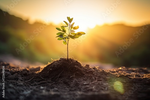 Sunlight streaming onto a small plant, growing in fertile soil with warm energy photo