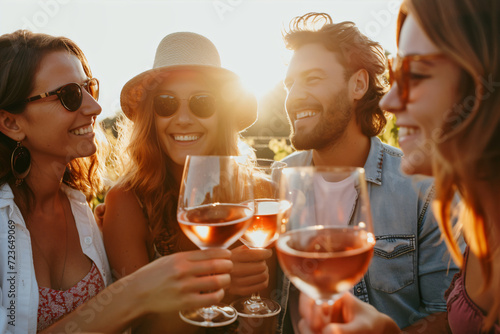 Fototapeta Naklejka Na Ścianę i Meble -  People toasting rose wine outside at a winery. Lifestyle concept with friend enjoying good time.