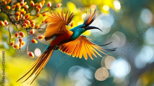 Vibrant Paradise Flycatcher Bird in Mid-Flight Amongst Blossoming Flowers, Captured in a Stunning Close-Up photo