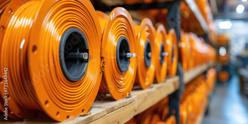 a spool of orange cables optic on a wooden rack,  photo