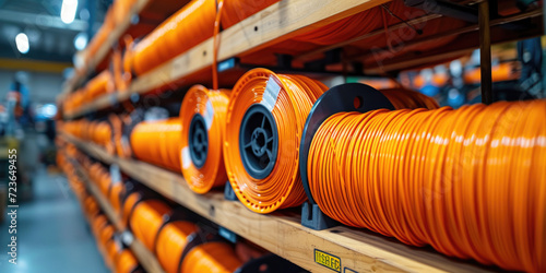 a spool of orange cables optic on a wooden rack,  photo