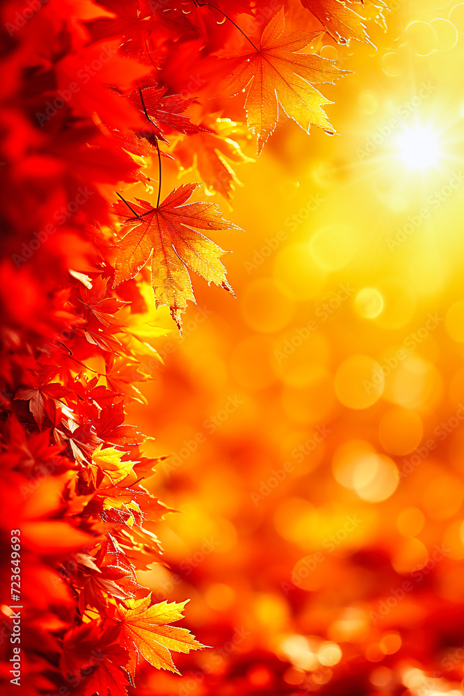 Autumnal Yellow Seasonal Fall: Orange Nature Maple Leaves with Red Tree Forest Plant Bright Background Foliage Sun