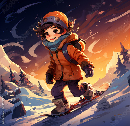 Joyful Child Snowboarding at Dusk, playful depiction of a young child snowboarding down a snowy slope, with an orange sunset sky accentuating the sense of adventure © Anastasiia