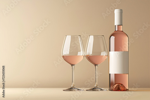 Bottle with rose wine without a label and two wine glasses on the dark background. Wine mockup.