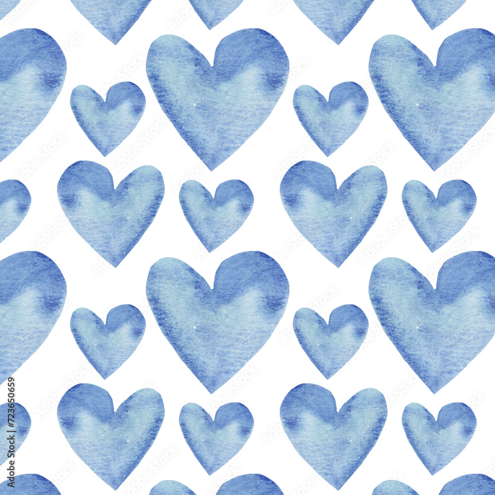 Watercolor pattern blue heart on white background. Beautiful decorative elements in shape of hearts isolated on white backround.Eco pattern