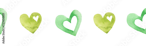Watercolor central border template of colorful hearts of gree shades on white background. Beautiful decorative elements in shape of hearts in row isolated on white backround.