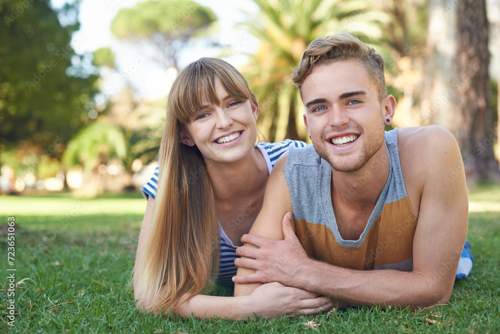 Couple, smile in portrait and relax on grass in park, love and commitment in healthy relationship with picnic outdoor. Happy, care and trust with people in nature or public garden for romantic date Couple, smile in portrait and relax on grass in park, love and commitment in healthy relationship with picnic outdoor. Happy, care and trust with people in nature or public garden for romantic date