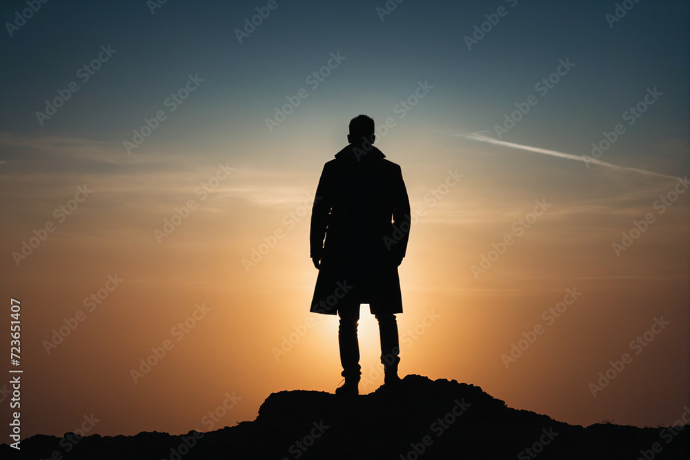 Silhouette of a man against the sunset backdrop