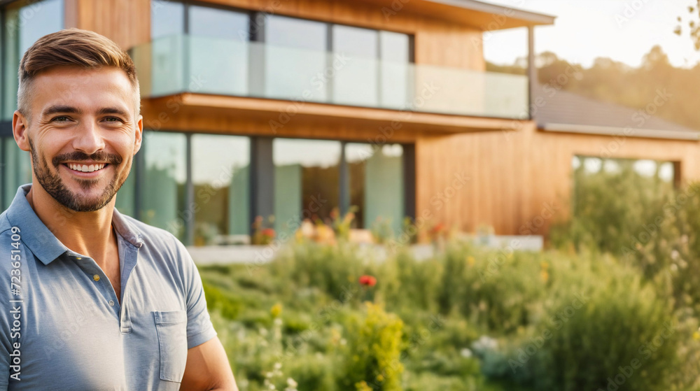 Happy man posing in front of his contemporary home, AI-generated. Happy man posing in front of his contemporary home, AI-generated.