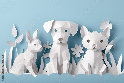 National pet day concept - puppym kitten and rabbit, in style of paper cutout photo