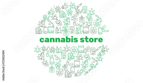 Marijuana and cannabis store icon isolated on white background. Equipment and accessories for smoking, storing medical cannabis. Vector