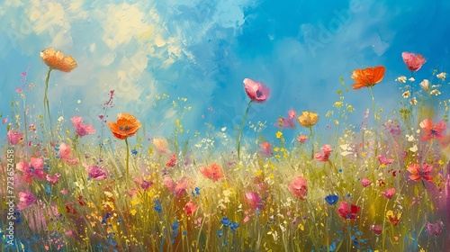 Fotografie, Tablou oil painting illustration of a field where whimsical wildflowers dance