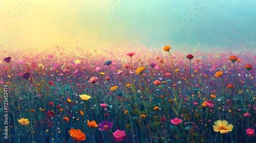 oil painting illustration of a field where whimsical wildflowers dance