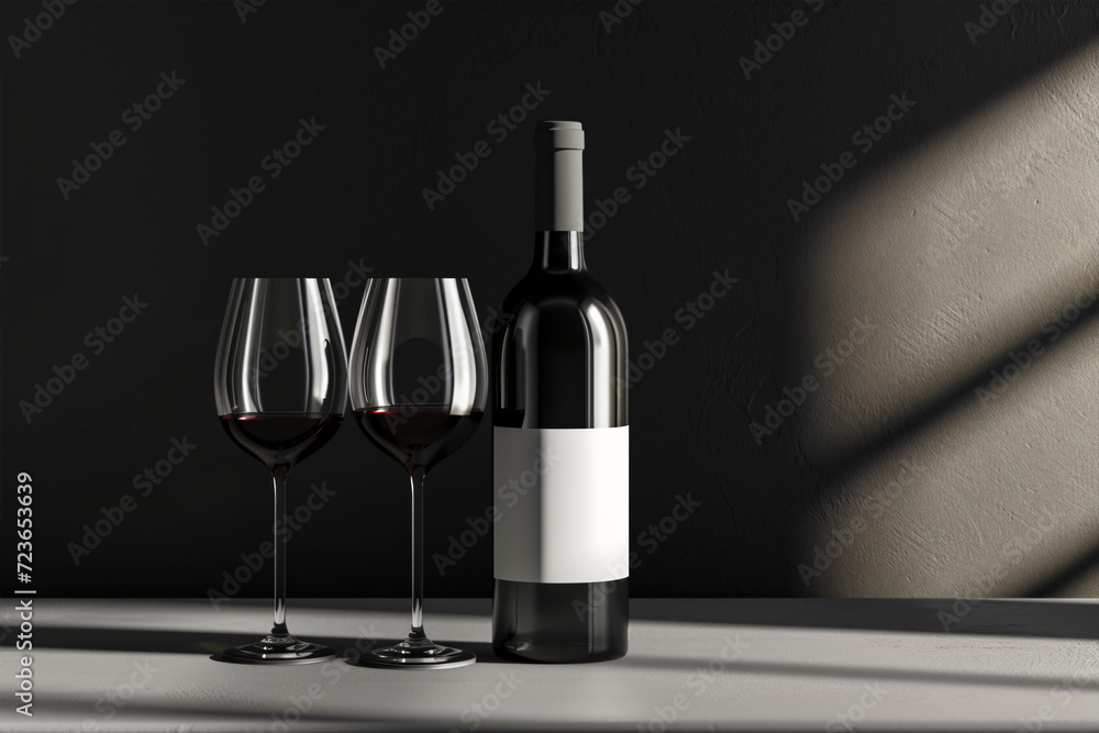 Sundrenched Bottle with red wine without a label and two wine glasses on the dark background. Wine mockup. Degustation concept.