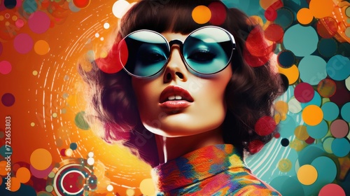 Stylish woman in sunglasses with vibrant abstract background. Fashion and beauty.