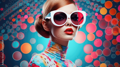 Fashion model with retro sunglasses and vibrant makeup. Vintage style and glamour.