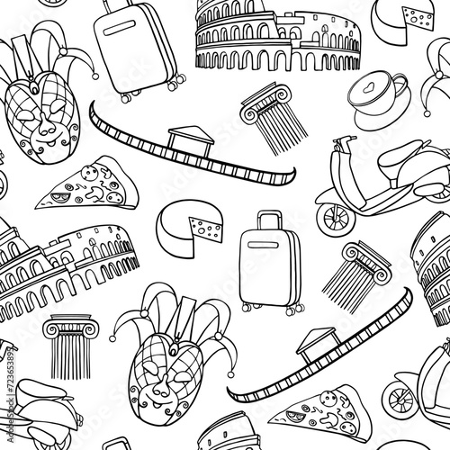 Seamless vector pattern of Italy; symbols, landmarks. Travel icons of the Colosseum, scooter,cheese