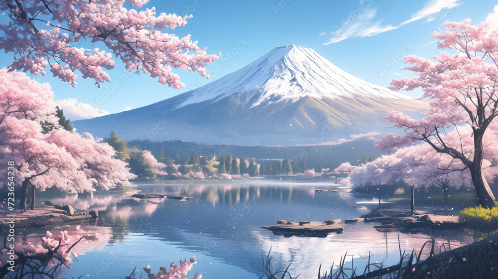 春の富士山の風景
