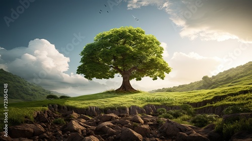 A majestic tree standing tall on a lush green field photo