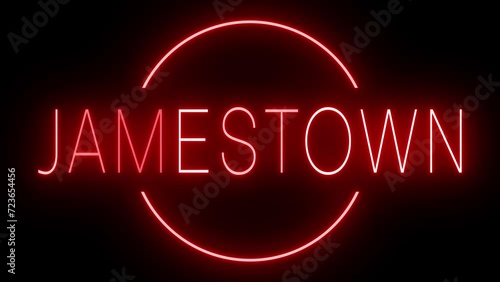 Flickering red retro style neon sign glowing against a black background for JAMESTOWN