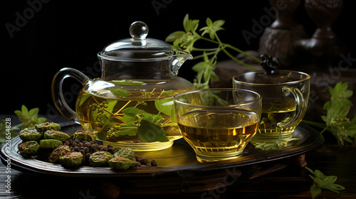Glass teapot and a cup of green tea on a black background