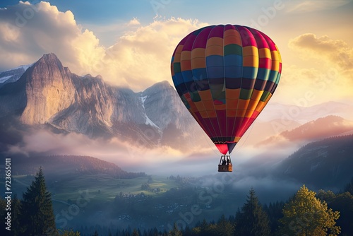 Flying Over the Mountain Valley in a Colorful Hot Air Balloon