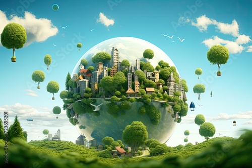 Fantasy World - A whimsical conceptual art image featuring a planet Earth made of plants, with buildings and flying ships