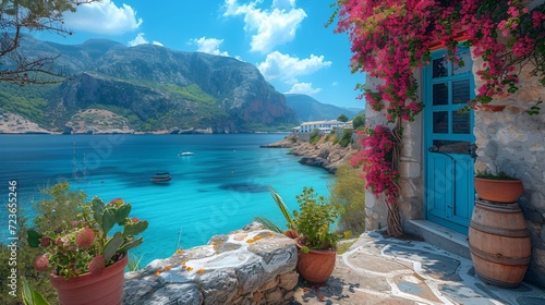 mediterranean coastal town with ocean view, wanderlust and blue sky photo
