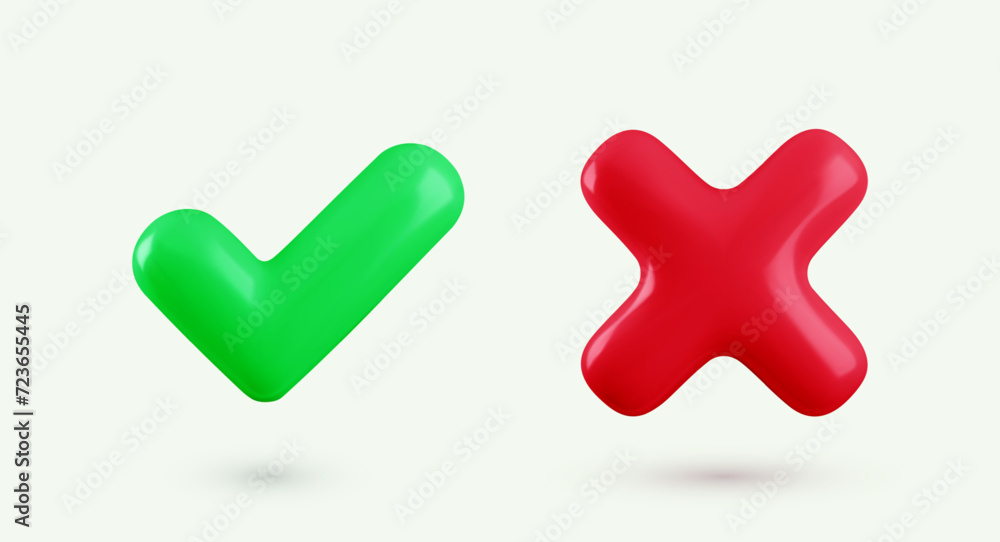Vector 3d checkmarks icon set. Glossy yes tick and no cross buttons. Green plastic check mark and red X symbol realistic 3d render. Right and wrong sign set. Vector 3d checkmarks icon set. Glossy yes tick and no cross buttons. Green plastic check mark and red X symbol realistic 3d render. Right and wrong sign set.