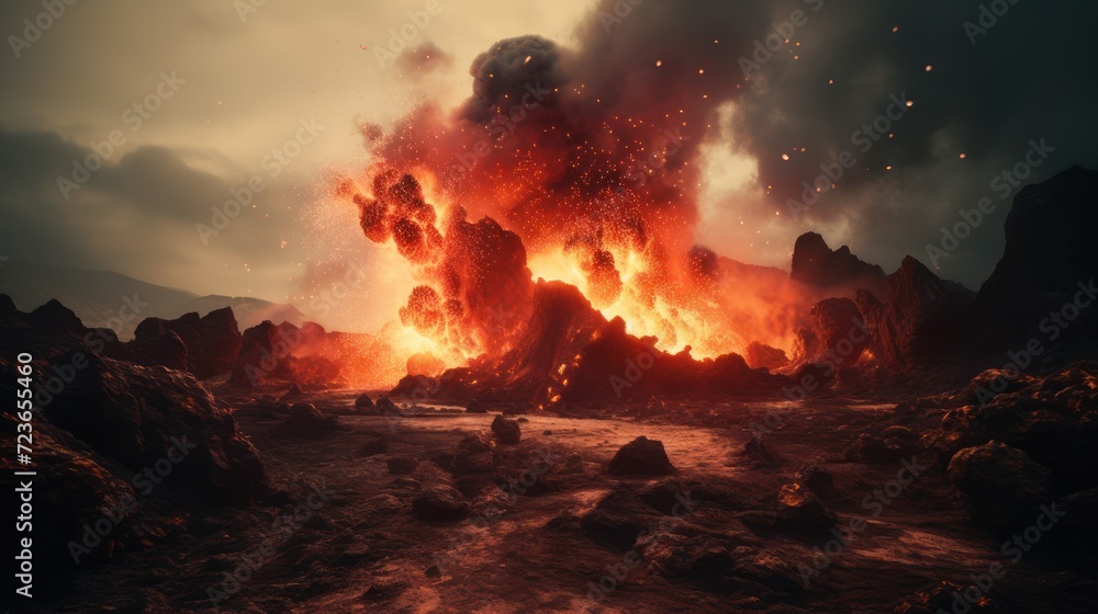 Other worldly landscape with explosion. Generative AI Other worldly landscape with explosion. Generative AI