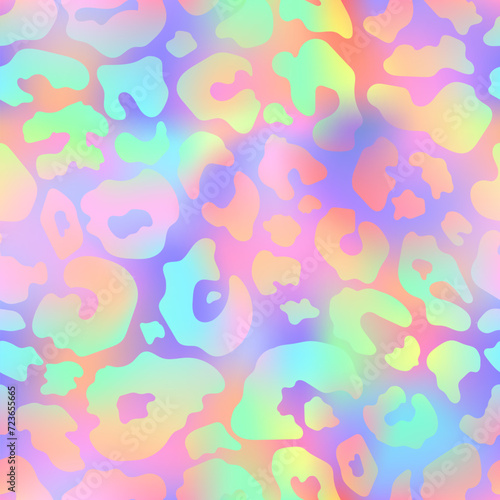 Trendy Neon Leopard seamless pattern. Vector rainbow wild animal cheetah skin, gradient leo texture with neon spots on holographic pink background for fashion print design, backgrounds, wrapping paper
