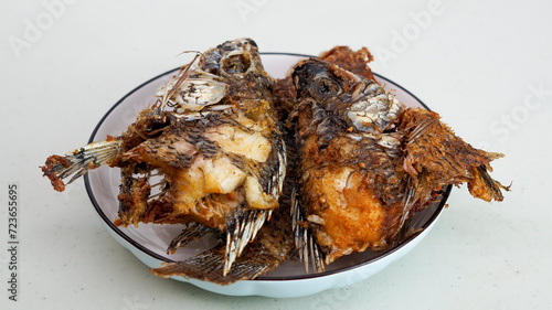 Fried fish served on a white plate photo