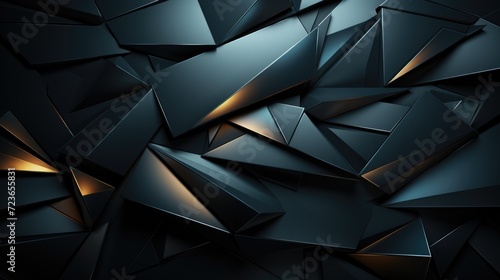 A black wall with 3D triangulation. Three-dimensional shapes of triangles with streaks of light or fire. Abstract dark background, backdrop in a modern style